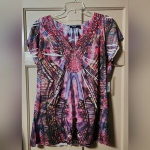 NWT Apt 9 Flutter Sleeve V-Neck Sumblimation Applique Top Pink Purple XL